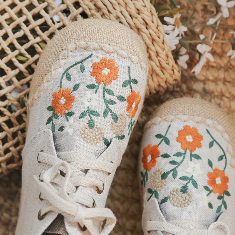 Casual Woman Shoes Round Toe Espadrilles Flats Embroidery Flower Lace-up High Top Trend Canvas Ladies Footwear Zapatillas Mujer