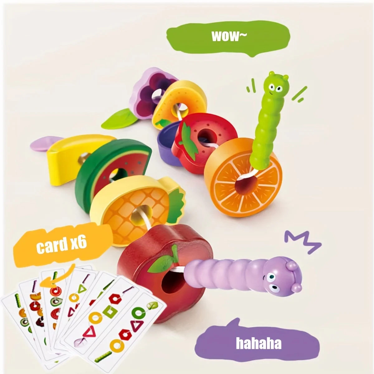 Mainan renda untuk anak-anak, mainan hewan peliharaan kayu ulat makan buah tali benang manik-manik Montessori, aktivitas prasekolah balita