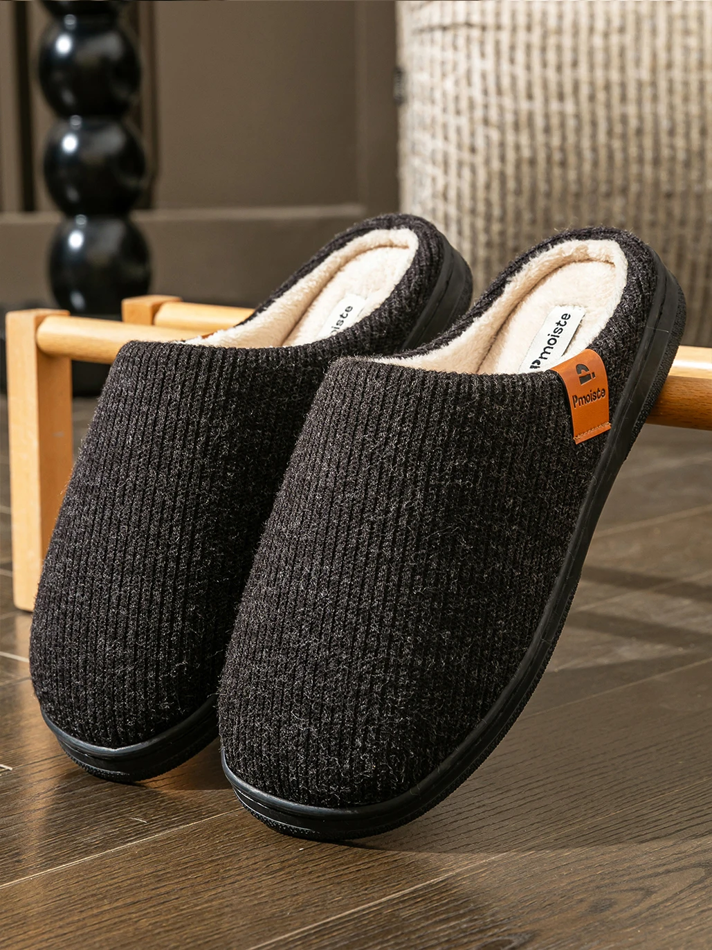 Winter-Herrenhausschuhe mit Memory-Schaum-Sohle, TPR-Großsohle, flachem Boden, rutschfest, warm und bequem, gestrickte Indoor-Schuhe