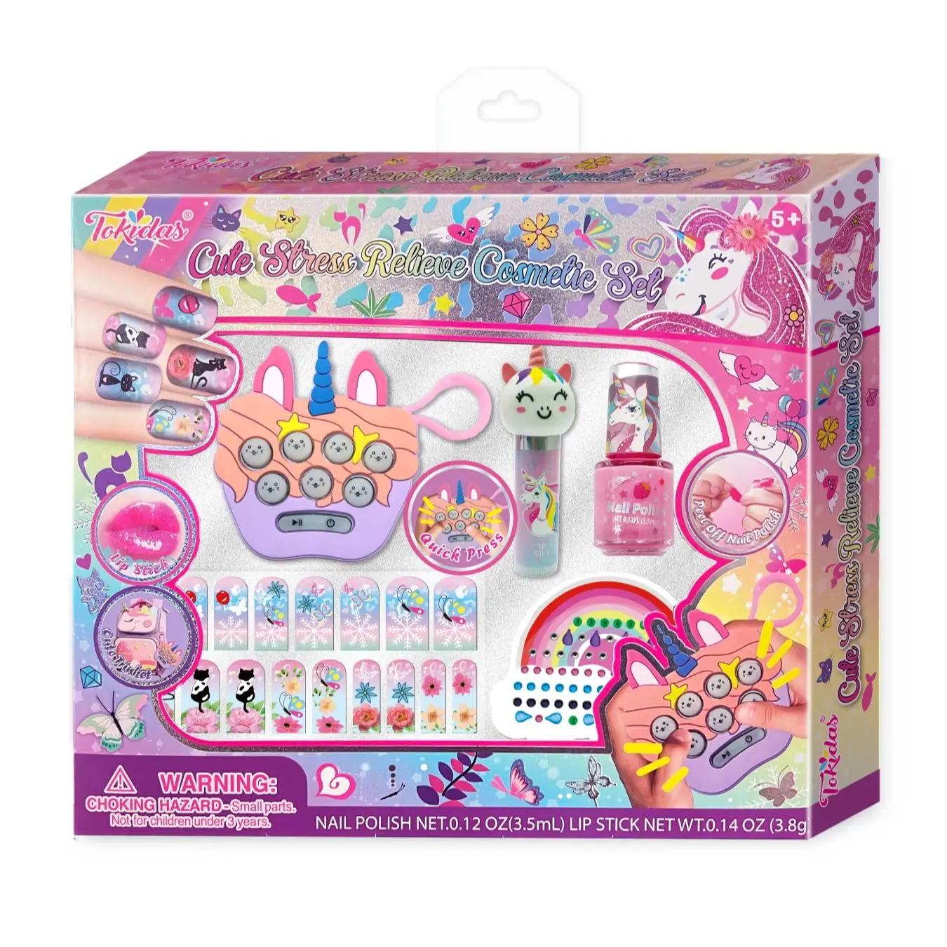 2024 Kids Makeup Set Cute Stress Relieve Cosmetic Set Nail Polish Art Set Gem Stickers Lip Gloss Set Kids Toys