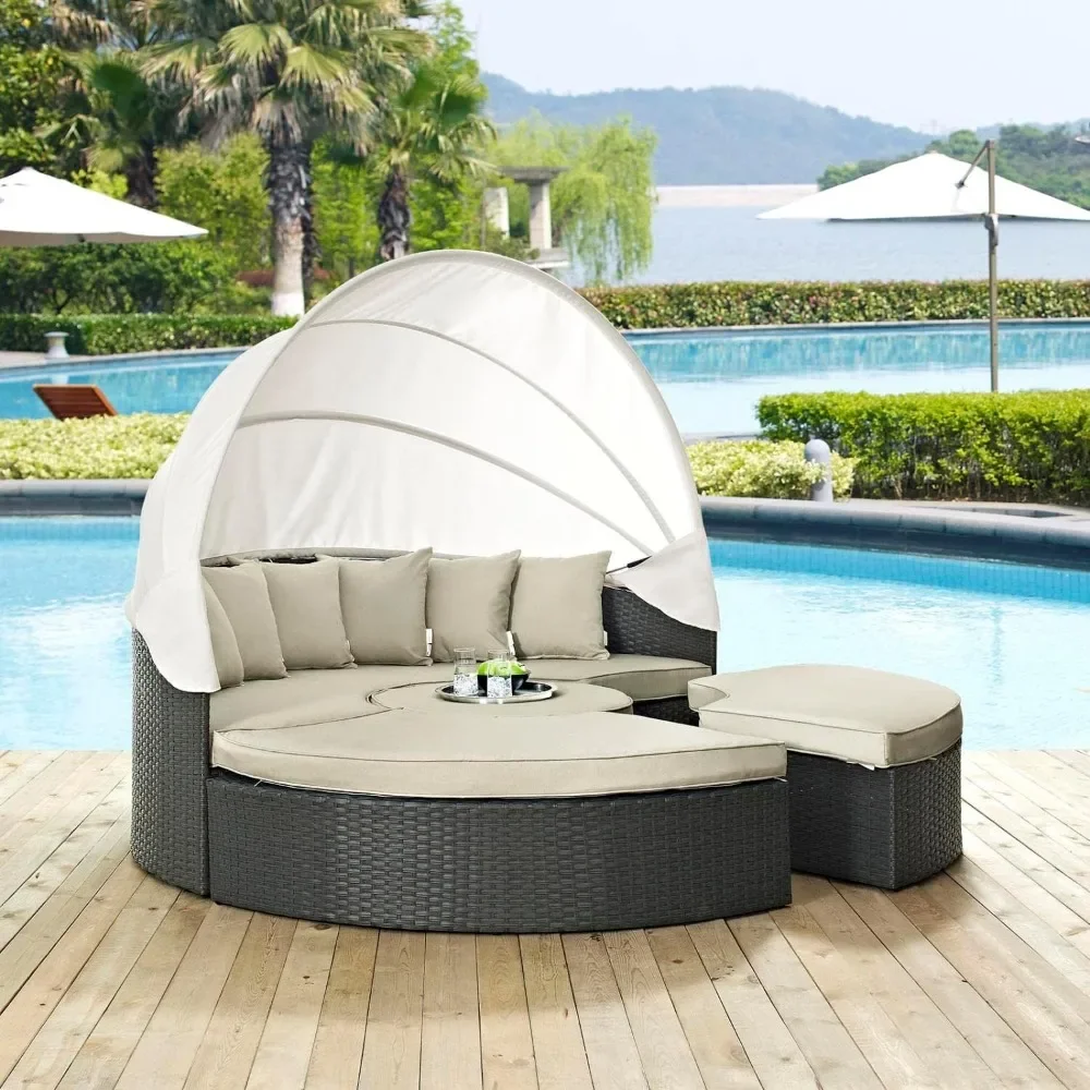 Sojourn Outdoor Patio Sunbrella Sectional Daybed with Canopy in Antique Canvas Beige