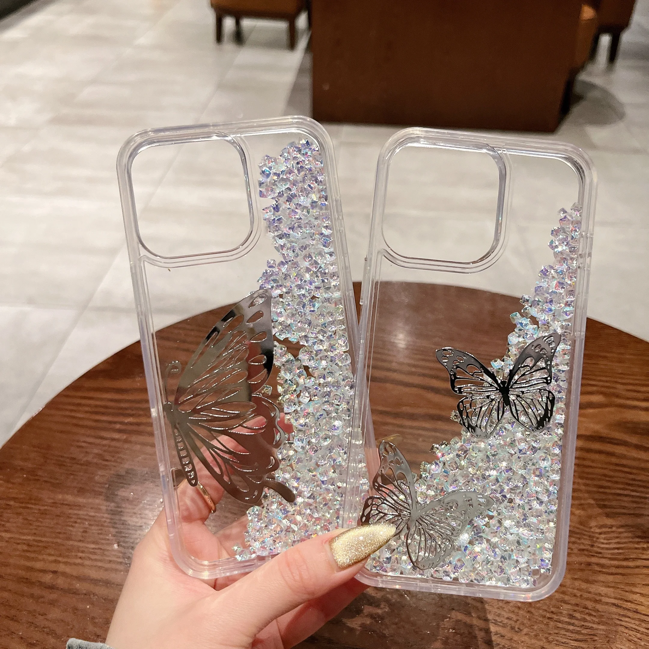 Plating Butterfly Clear Glitter Liquid Sand Quicksand Case for iPhone 16 Pro Max 15 14 13 12, Slim Bling Shiny Phone Cover Funda