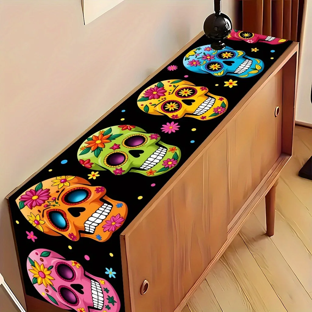 Colorful Sugar Skull Floral Table Runner Kitchen Sideboard Altar Indoor Party Day Of The Dead Mexican Halloween Decor Supply