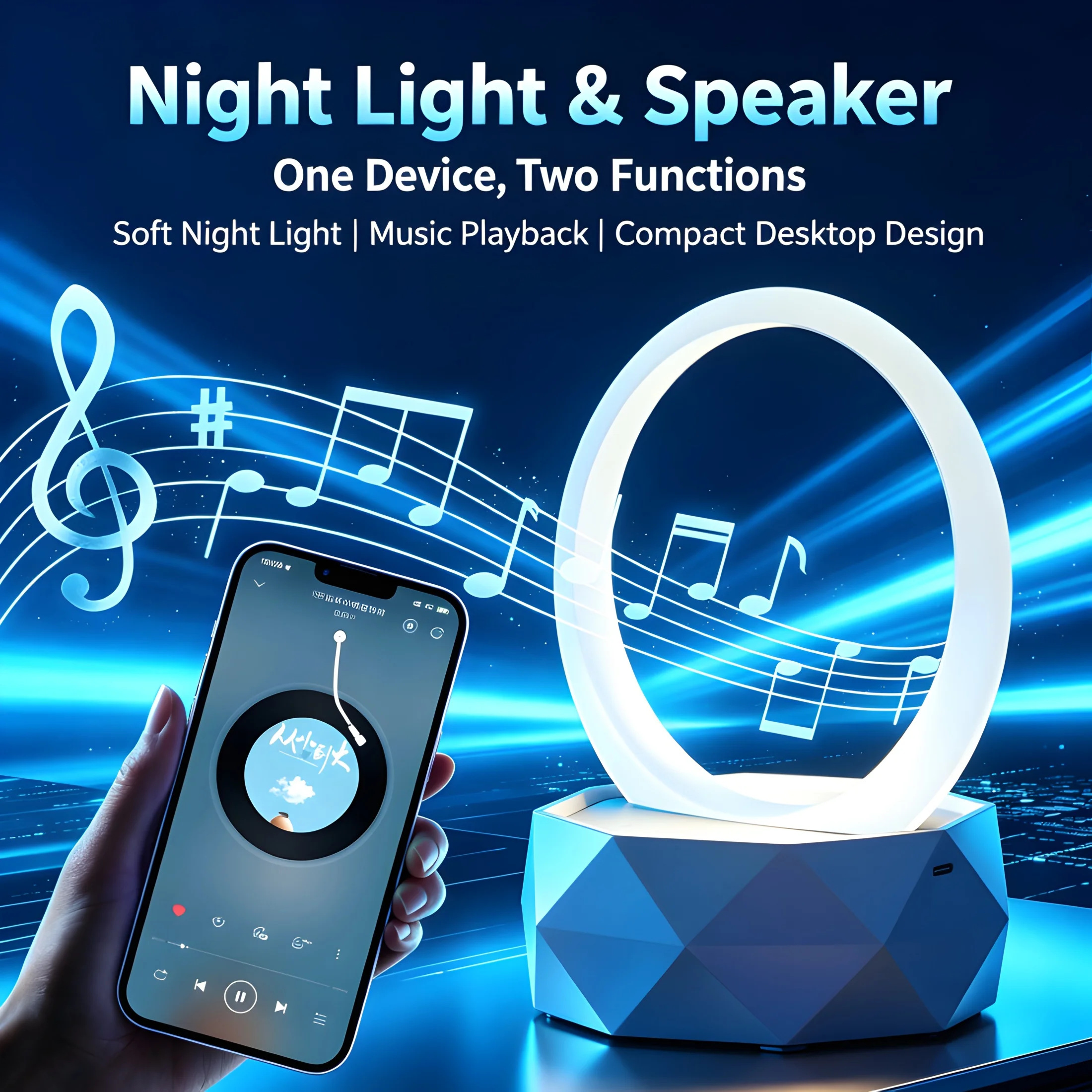 LED Ring Light Bluetooth Speaker Portable Night Light with 3 Lighting Modes Desktop Illumination