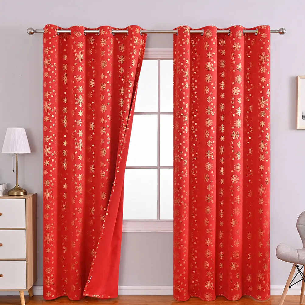 

Red Polyester Blackout Curtains Heat Insulation Snowflake Decor Christmas Xmas Curtain Living Room Bedroom