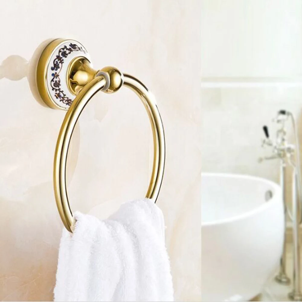 Bathroom Wall Mounted Round Towel Rings Towel Rack Gold Blue And White Porcelain Towel Ring Towel Rack Kitchen Storage Accessoy