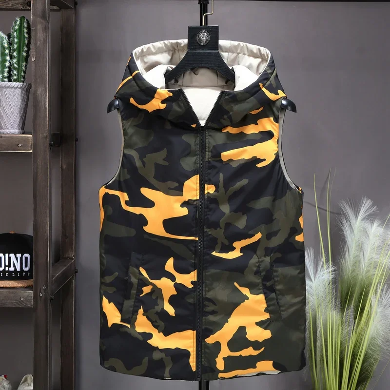 Men\'s Warm Vest Double-sided Sleeveless Jacket 2024 Winter Camouflage Hood Pocket Insulated Waistcoat Plus Size Autumn Male Vest