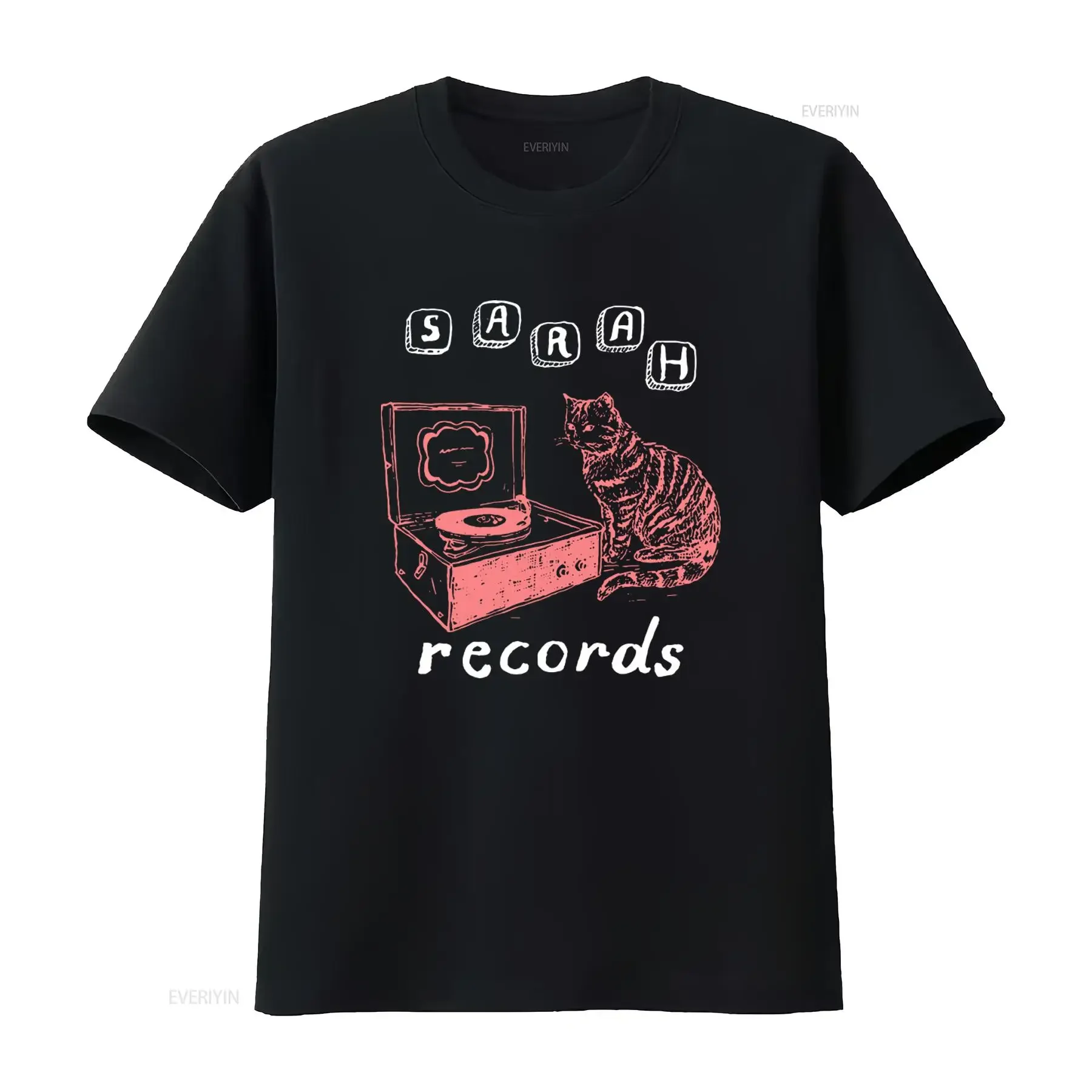 Sarah Records Vintage Style Cat Turntable Screen Print  Black T Shirt vintage Washed Casual Unisex graphic streetwear homme