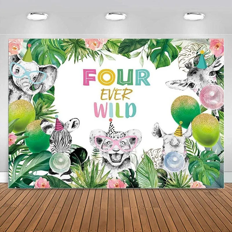 Four Ever Wild Backdrop Kids Boy Happy 4nd Birthday Party Photography Background Jungle Safari Forest Animals Decorations Banner