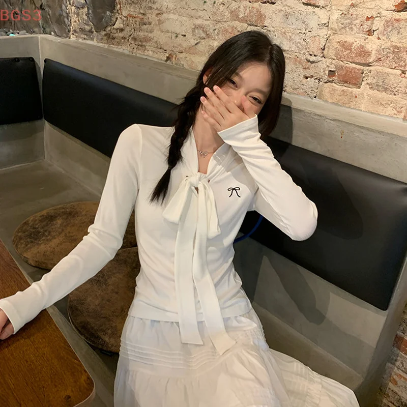 Dames vroege herfst trui met lange mouwen Casual chique V-hals met vetersluiting