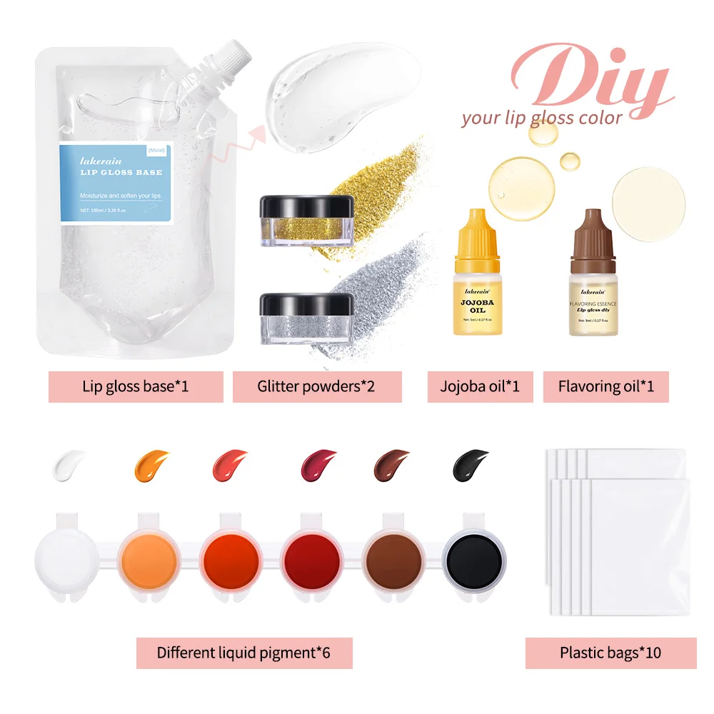 Lakerain kit de fabricação de brilho labial, faça você mesmo, base de brilho labial, matéria-prima, hidratante, alta qualidade, profissional, conjunto de brilho labial