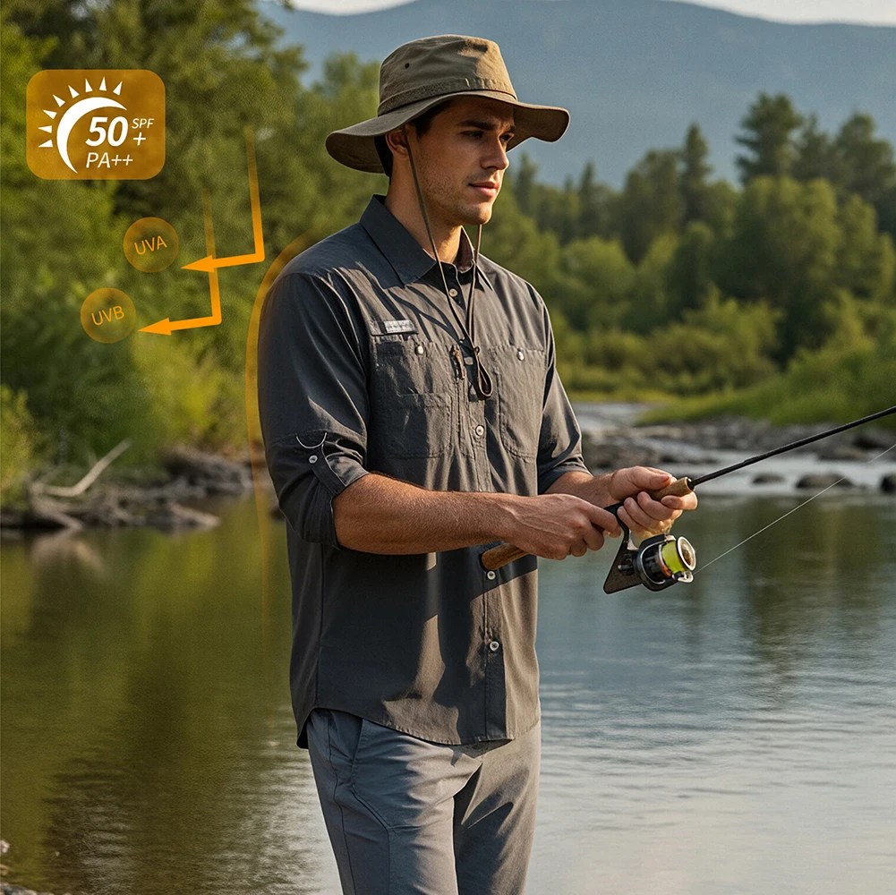 

Pioneer Camp Men's Fishing Shirt UPF50+ Sun Protection Men's Clothes Quick Dry Cooling Adjustable Polo For Hiking Safari