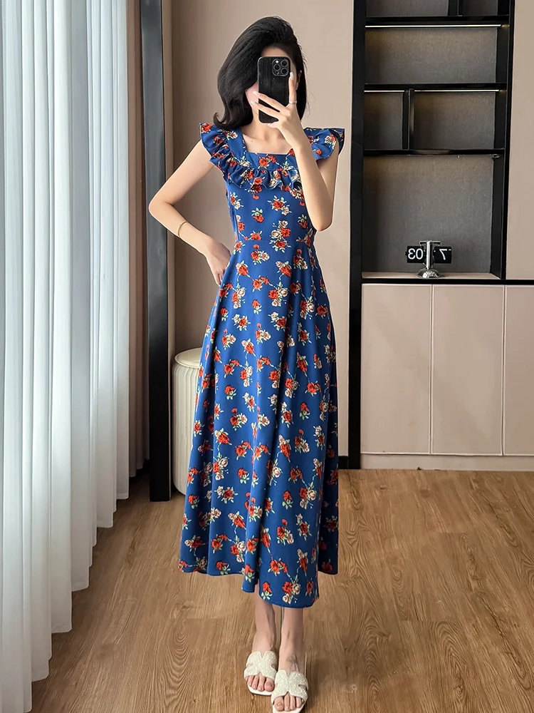 SMTHMA 2025 New Fashion Blue Floral French Square Neck Summer Dresses Women's Slimming Waist A-line Big Swing Long Dress