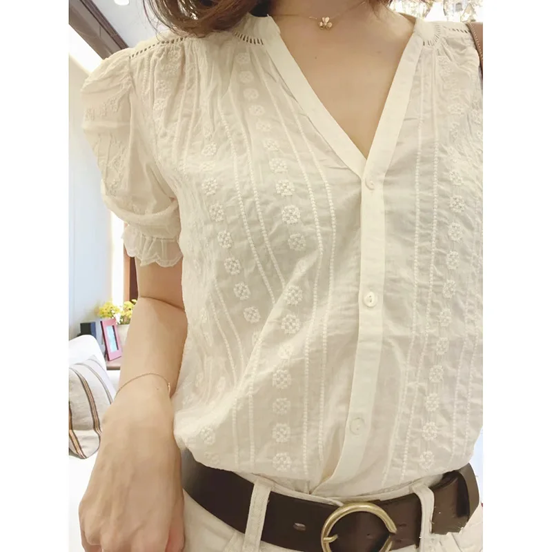 

Casual V-neck Short Sleeve White Shirts for Women Office Wear Cotton Summer Shirt 2022 Vintage Ruffles Loose Blouses Camisa