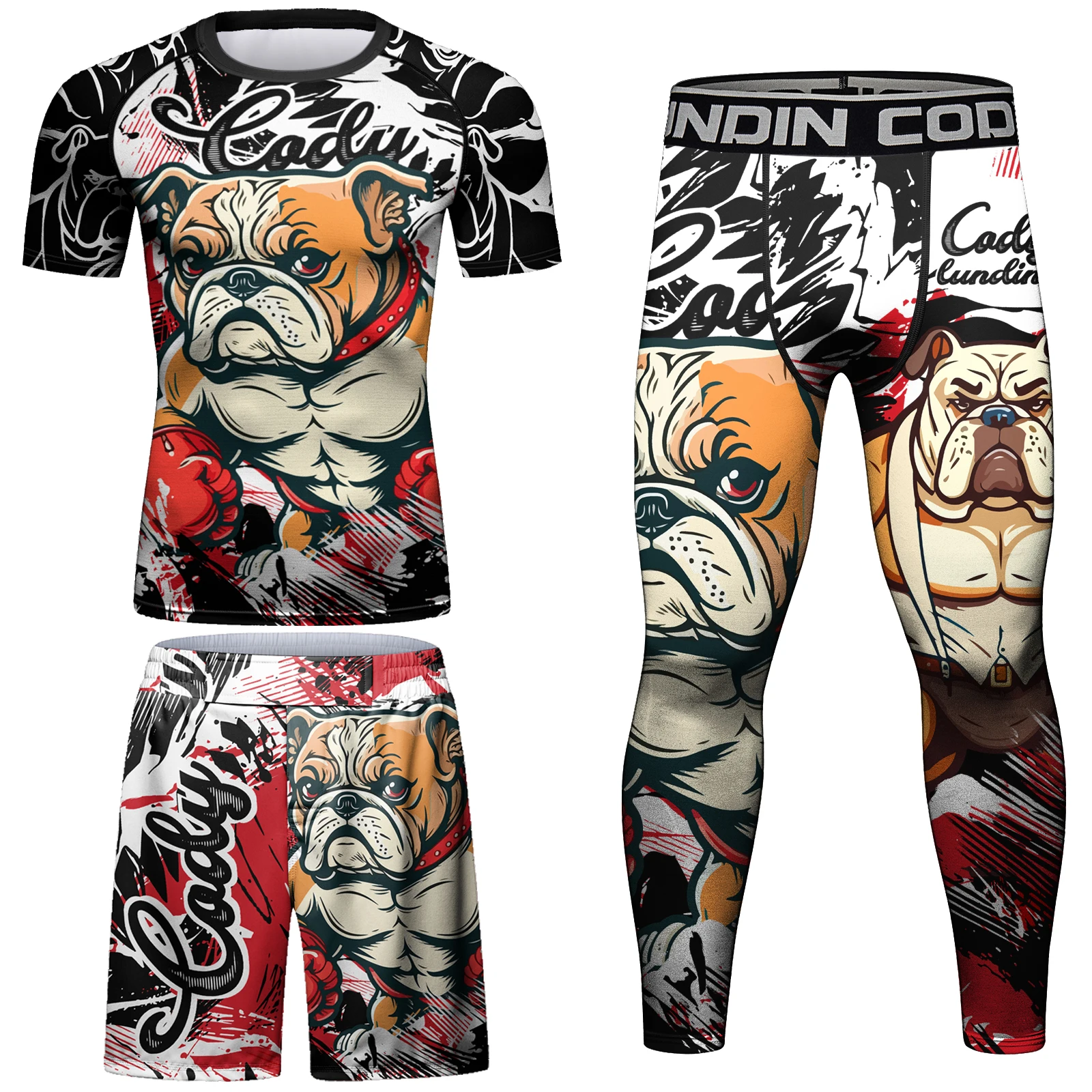 Cody Lundin Men Boxing Suit Dog Print Compression Suit Grappling Combat Fightwear jiu jitsu BJJ Rashguard +MMA Shorts Tracksuit