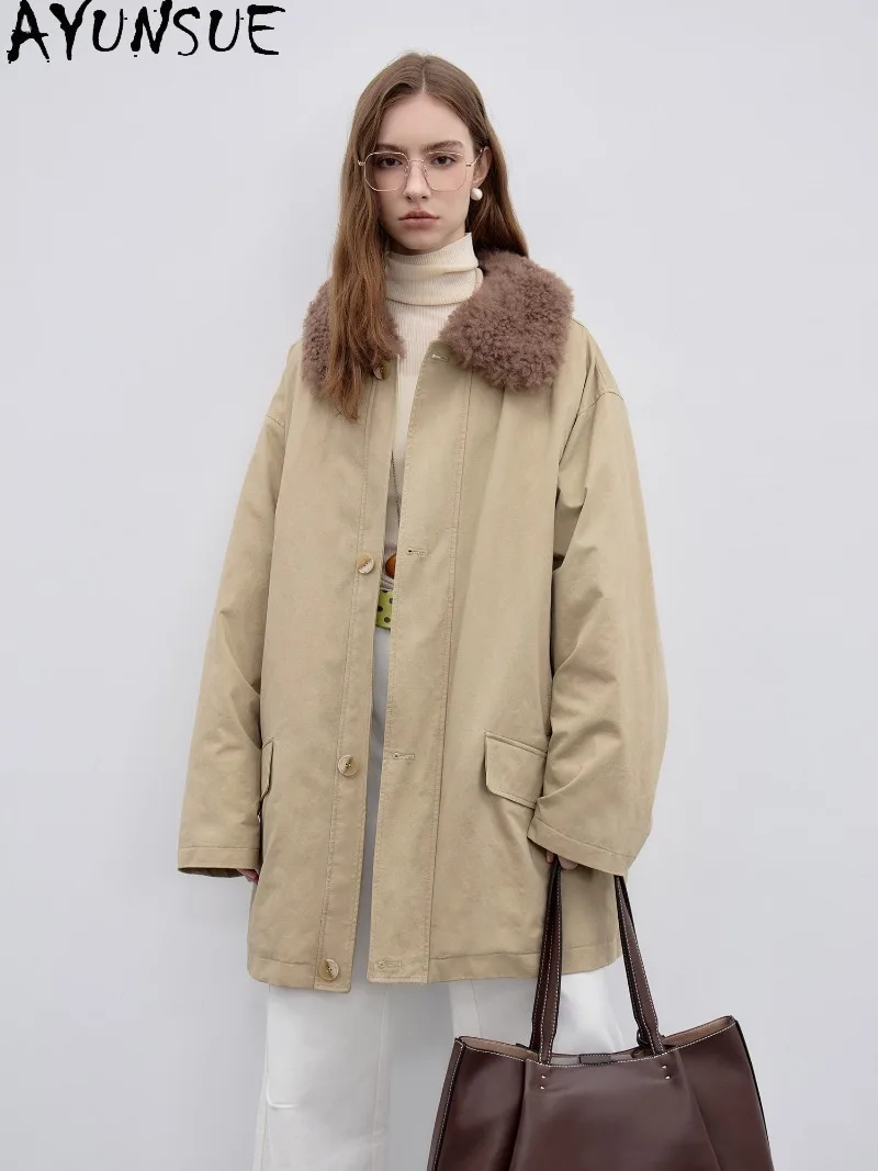 AYUNSUE 90% White Goose Down Liner Women Coat Sheepskin Fur Collar Womens Winter Clothing Mid Length Jacket Парка Женская Зимняя