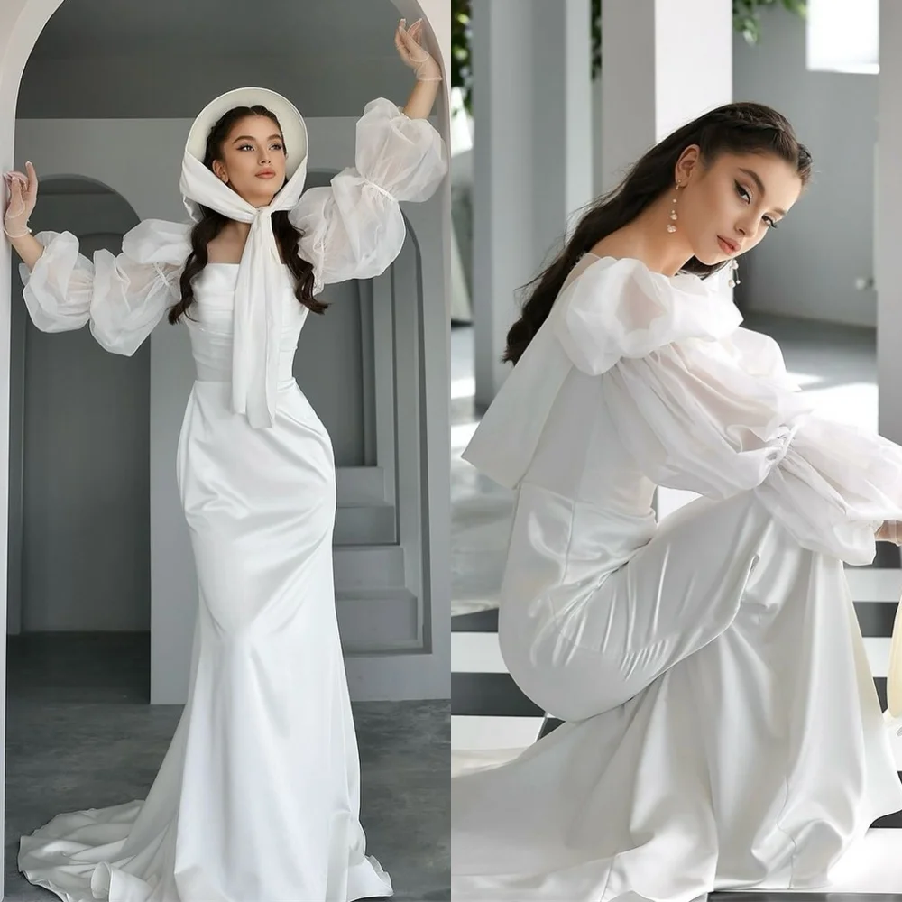 

Customized Exquisite White Satin Wedding Dress Elegant Square Collar Long Sleeves Bridal Gowns Chapel Train Mermaid Dresses