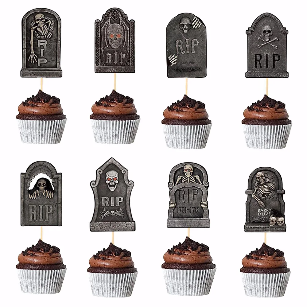 

24Pcs Halloween Tombstone Cupcake Toppers Glitter Spooky Skull Food Picks Cemetery Graves RIP Zombie Birthday Party Decoration