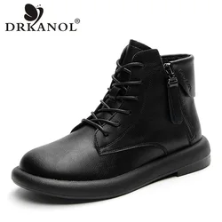 DRKANOL Fashion Women Snow Boots Real Cowhide Flat Heel Round Toe Double Zipper Plush Warm Ankle Boots For Women Casual Shoes