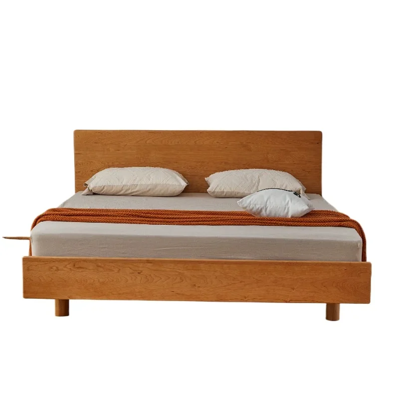 Nordic simple all solid wood cherry wood double bed, white oak Japanese light luxury suspended master
