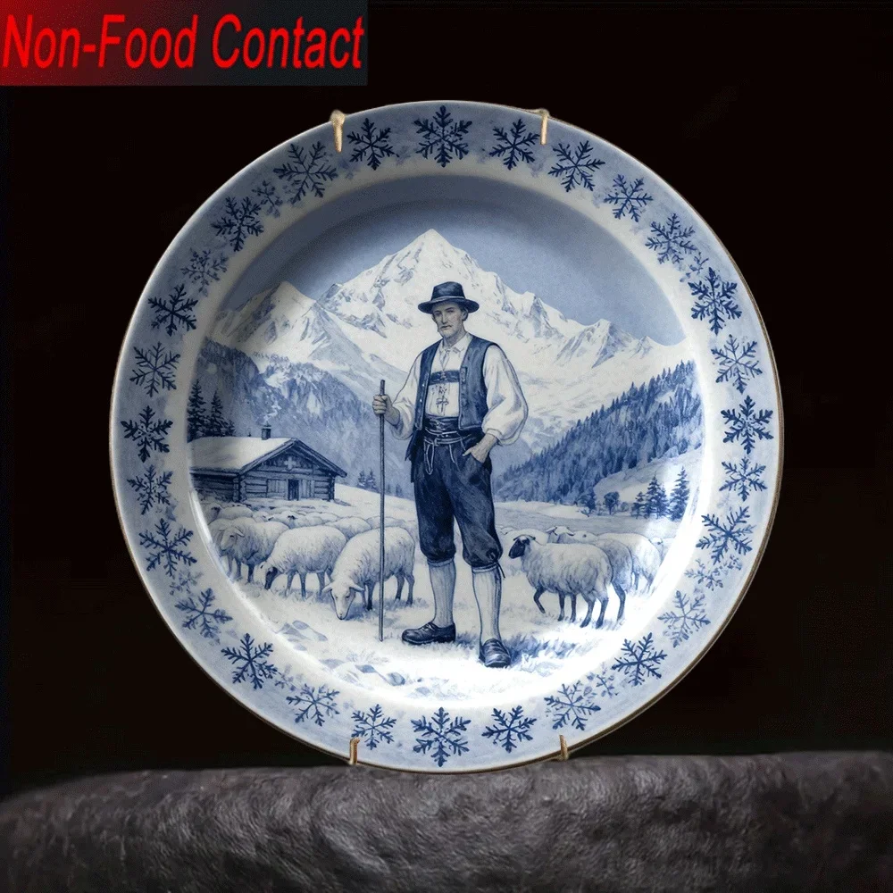 1pc Vintage European Ceramic Decorative Plate - Non-Food Contact Tabletop Ornament with Snowy Mountain, Sheep & Wooden House