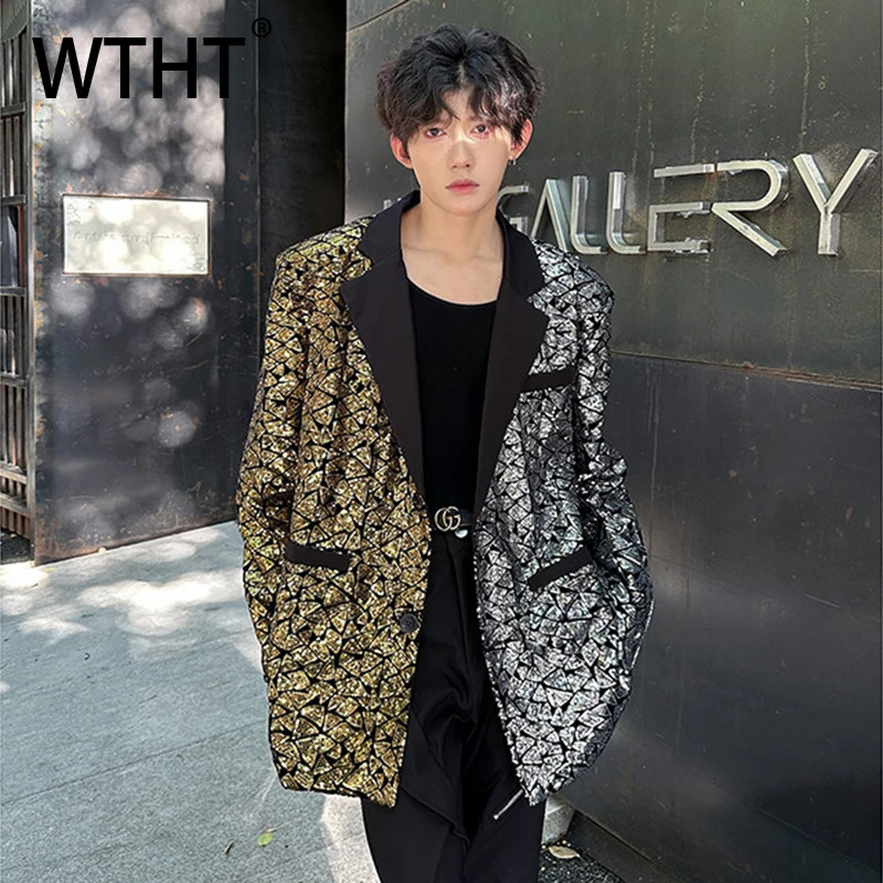 

WTHT Trendy Men‘s Spliced Sequin Contrast Color Blazer Coat Fashion Performance Lapel Long Sleeve Jacket Male 2026 Summer 2A2869