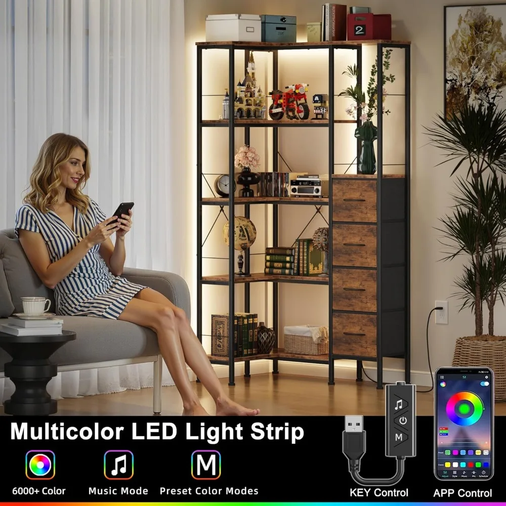 5-poziomowa półka narożna z oświetleniem LED, szufladami z tkaniny i półką ekspozycyjną, duży rozmiar, styl industrialny