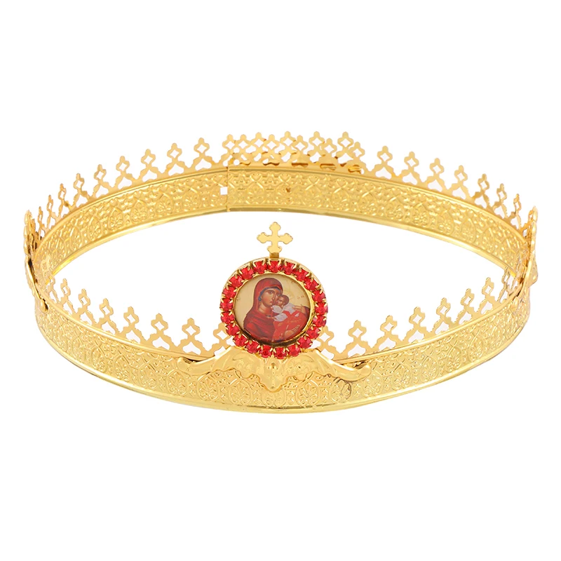 

Gold Plated Orthodox Wedding Crown with Virgin Mary Icon for Church Liturgy Marriage Ceremony Christian Religious Gift