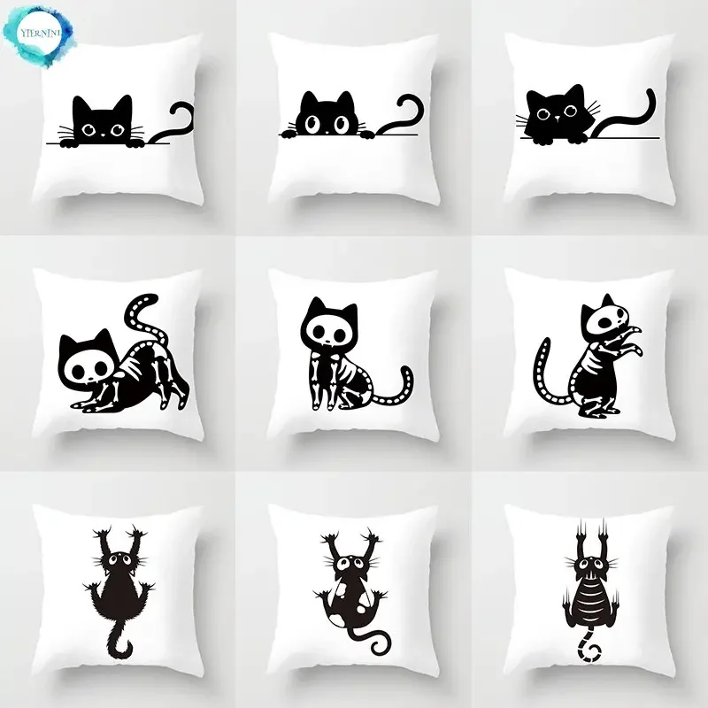 

Skull Cat Black Cat Home Decor Cushion Cover Naughty Cat Sofa Car Decoration 45x45cm Pillowcase Square Polyester Pillowcase