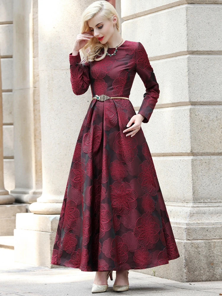 Women Long Sleeve Maxi Autumn Winter Dress Elegant Burgundy Floral Jacquard Lady Fall Boho Vintage Abaya