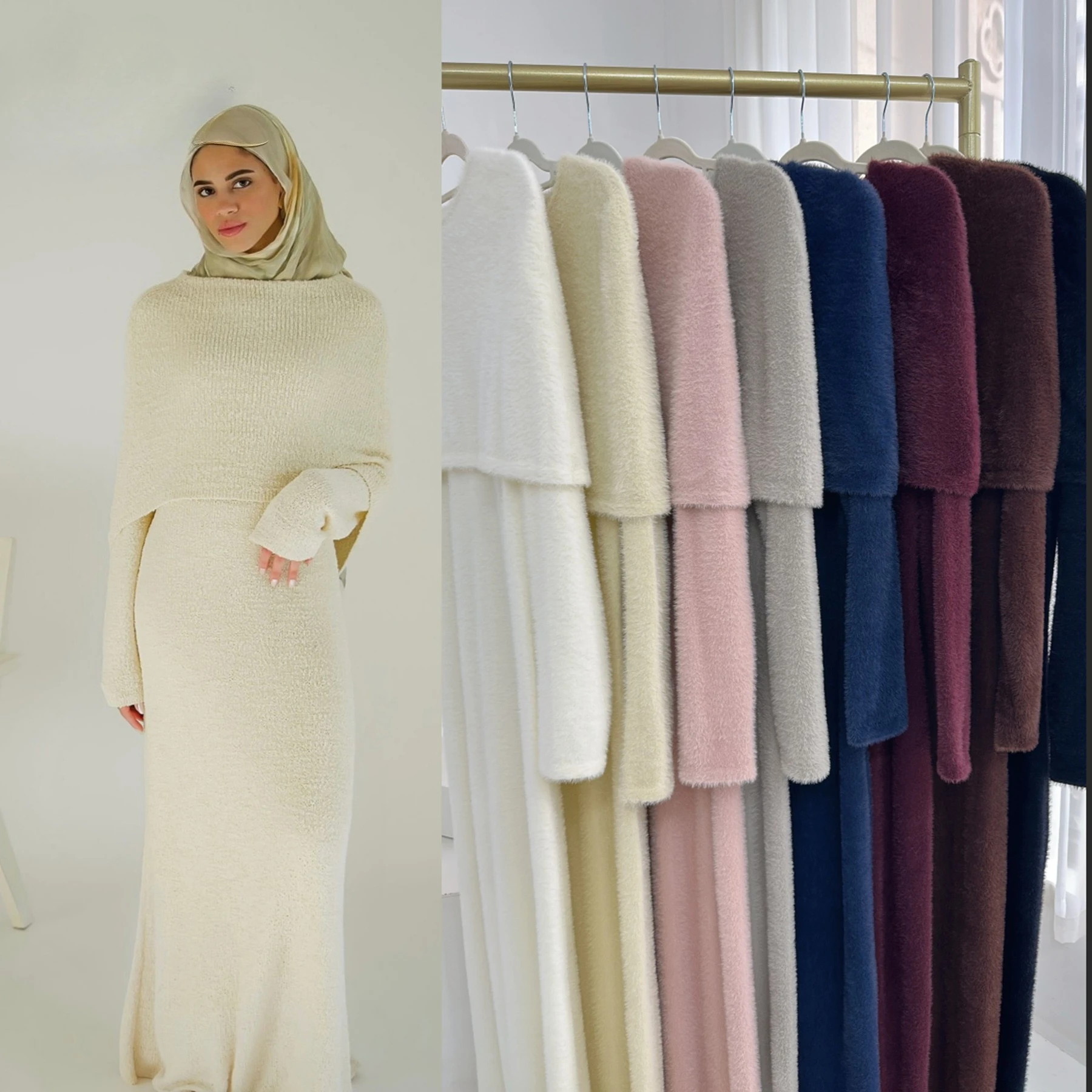 

Sweater Abaya Dress with Shawl Cape Set Party Gown Winter Modest Islamic Clothing Imitation Mink Muslim Dresses for Women Dubai