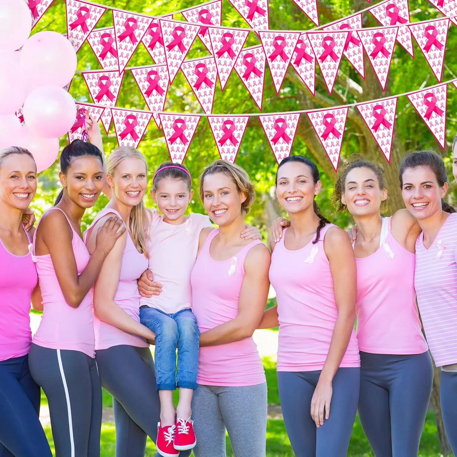 100 Fuß rosa Bandbanner – 60 Stück Brustkrebs-Bewusstseins-Wimpelflaggen, vormontierte Dekoration für Partywand im Innen- und Außenbereich – Detail 5
