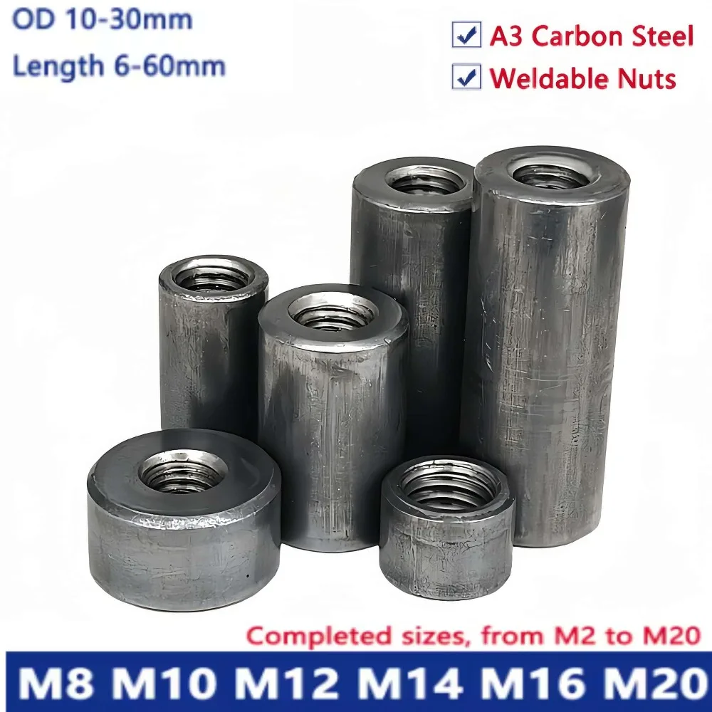 A3 Carbon Steel M8 M10 M12 M14 M16 M20 Extended Round Nut Weldable Cylindrical Threaded Sleeve Bushing 6-60mm Fastener