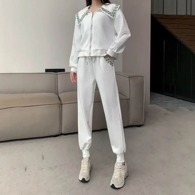 Exquisite Rhinestone Large Lapel Zipper White Hoodie Women Cardigan 2023 Spring New High Waist Casual Pants Sports Two-Piece Set