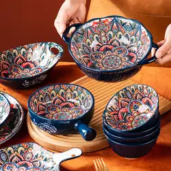 New Bohemian style ceramic tableware with handle baking tray cake fruit salad pasta mashed potato bowl home decor