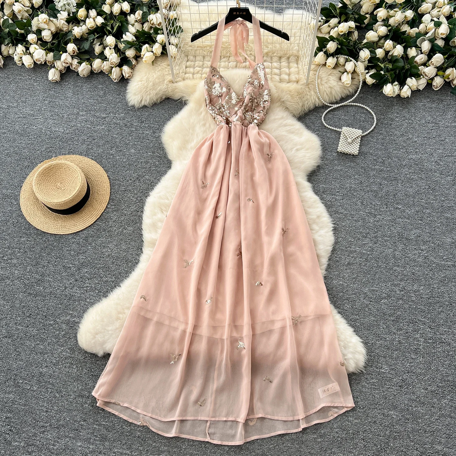 Hotsweet カットアウトスリムメッシュホルタースパンコール刺繍オフショルダーバックレスレースアップシフォンセクシーな妖精のドレス女性服