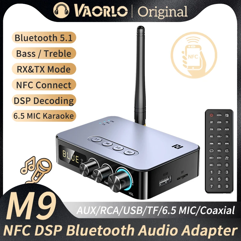 M9/M9Pro Bluetooth Audio Receiver Transmitter DSP Wireless Adapter NFC/AUX/RCA/USB U-Disk/TF/6.5 Mic Karaoke/Coaxial/FM Radio