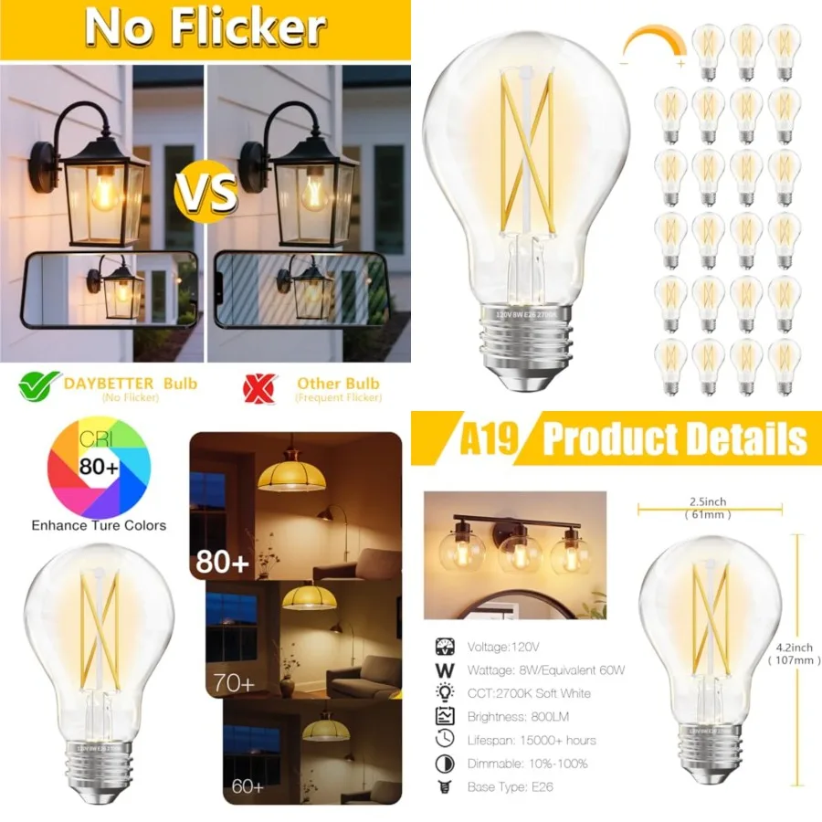 

A19 Vintage LED Edison Bulbs, 60W Equivalent Dimmable LED Bulbs, High Brightness 2700K Warm White, 800 Lumens, 8W E26 Standard
