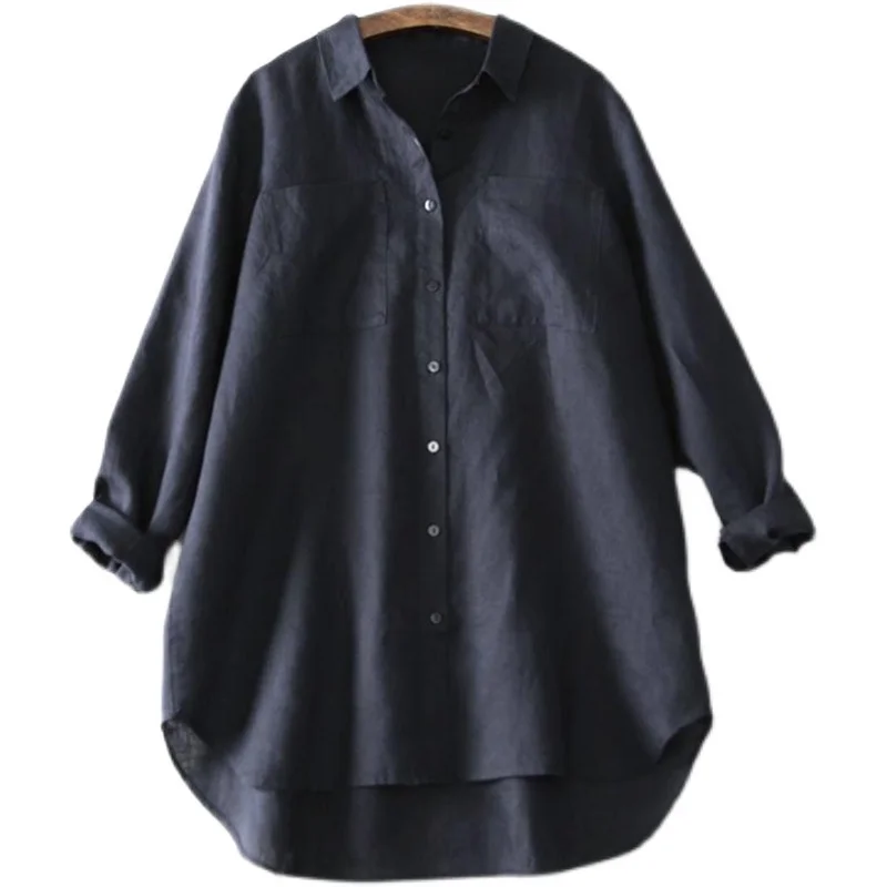 Fre Sle Mittellanger Kragen Leinen irt Damen Premium Japanisches Sle Herbstoberteil Baumwolle Leinen Materialfarbe