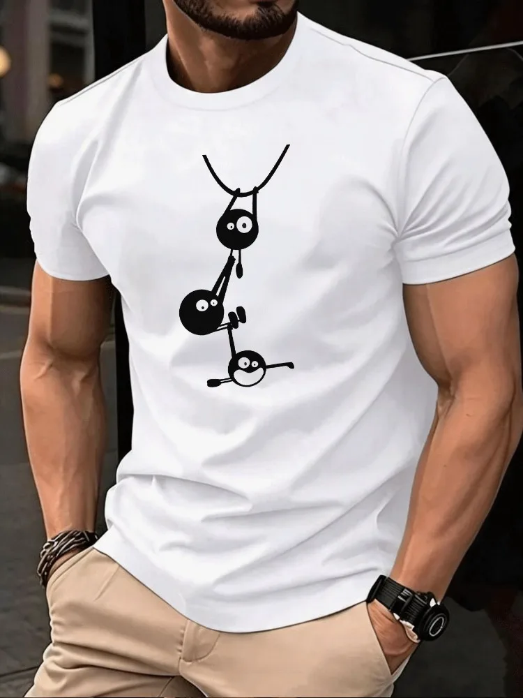 Men Royal Blue Cotton Tee White Swing Cartoon Stick Figure Graphic Print Short Sleeve Loose Street Casual Tops For Young Males