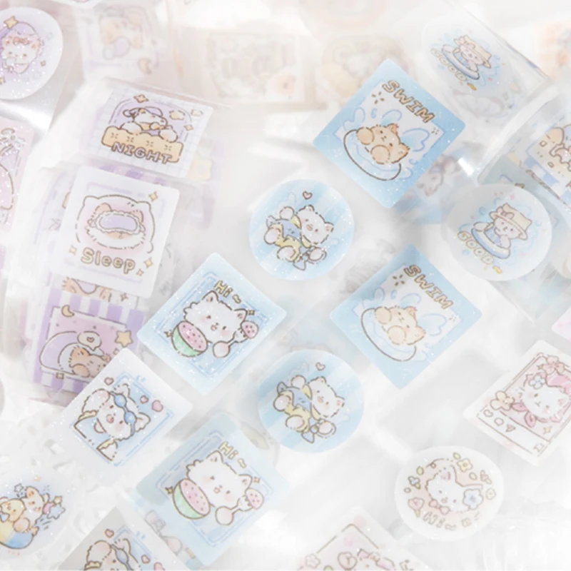 Mr.Paper, Cute Animal Cutting Masking Tape 1 roll Kawaii Cat Sparkling PET Tape Stickers Home Handbooks Scrapbook Decoration