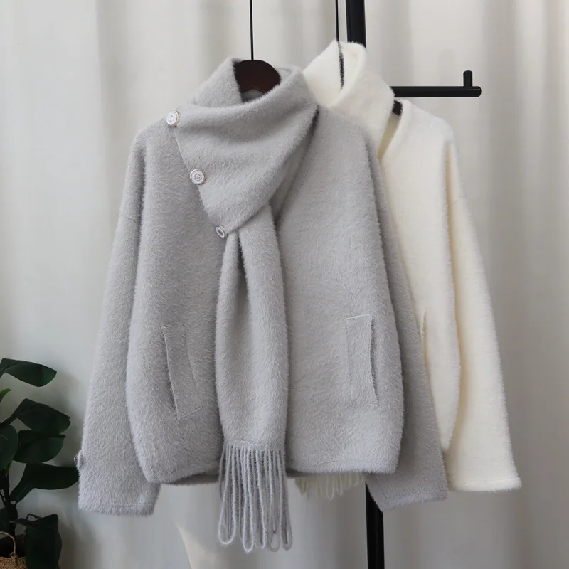 

Faux Mink Cashmere Knitted Cardigan with Detachable Scarf 2025 Autumn Winter Korean Style Loose Sweater Coat Trendy for Women