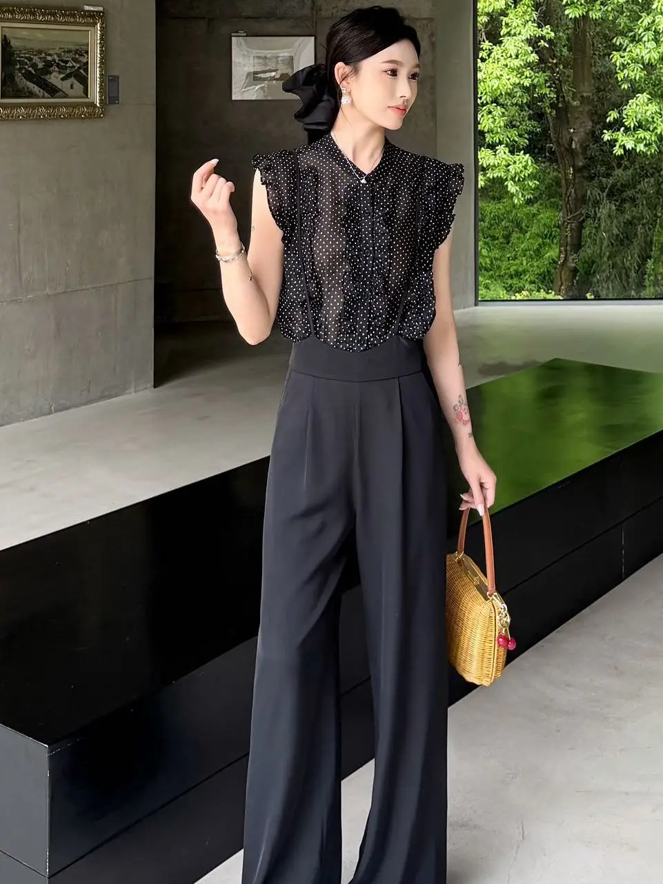 

Elegant High Waist Suit Pants And Chiffon Top with Flying Sleeves Women's Fashion Set Summer 2026 Luckyhouse Brand