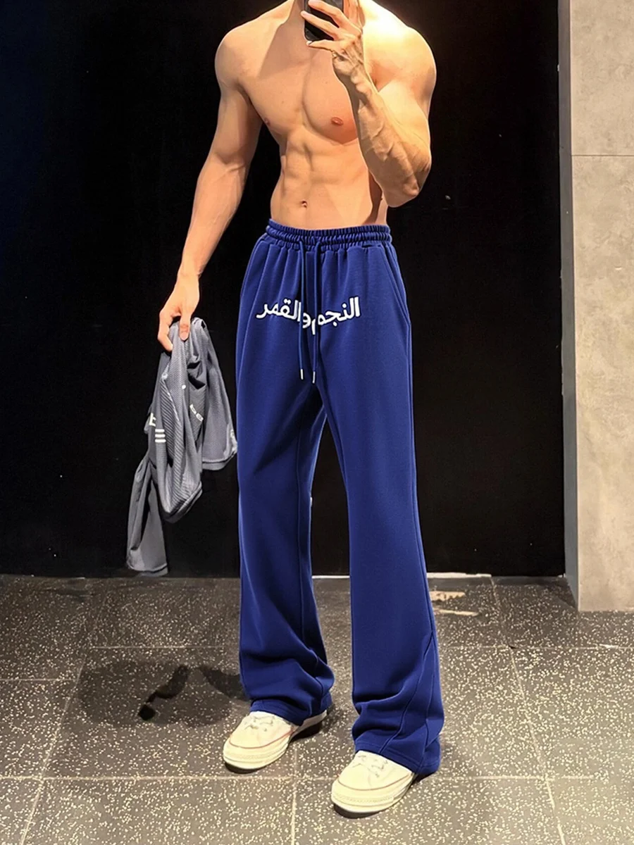 

k Blue American Embroidery Sports Pants Men's Autumn Winter Drape Fitn Sweatpants Cleanfit Straight Leg Micro Flared Pants