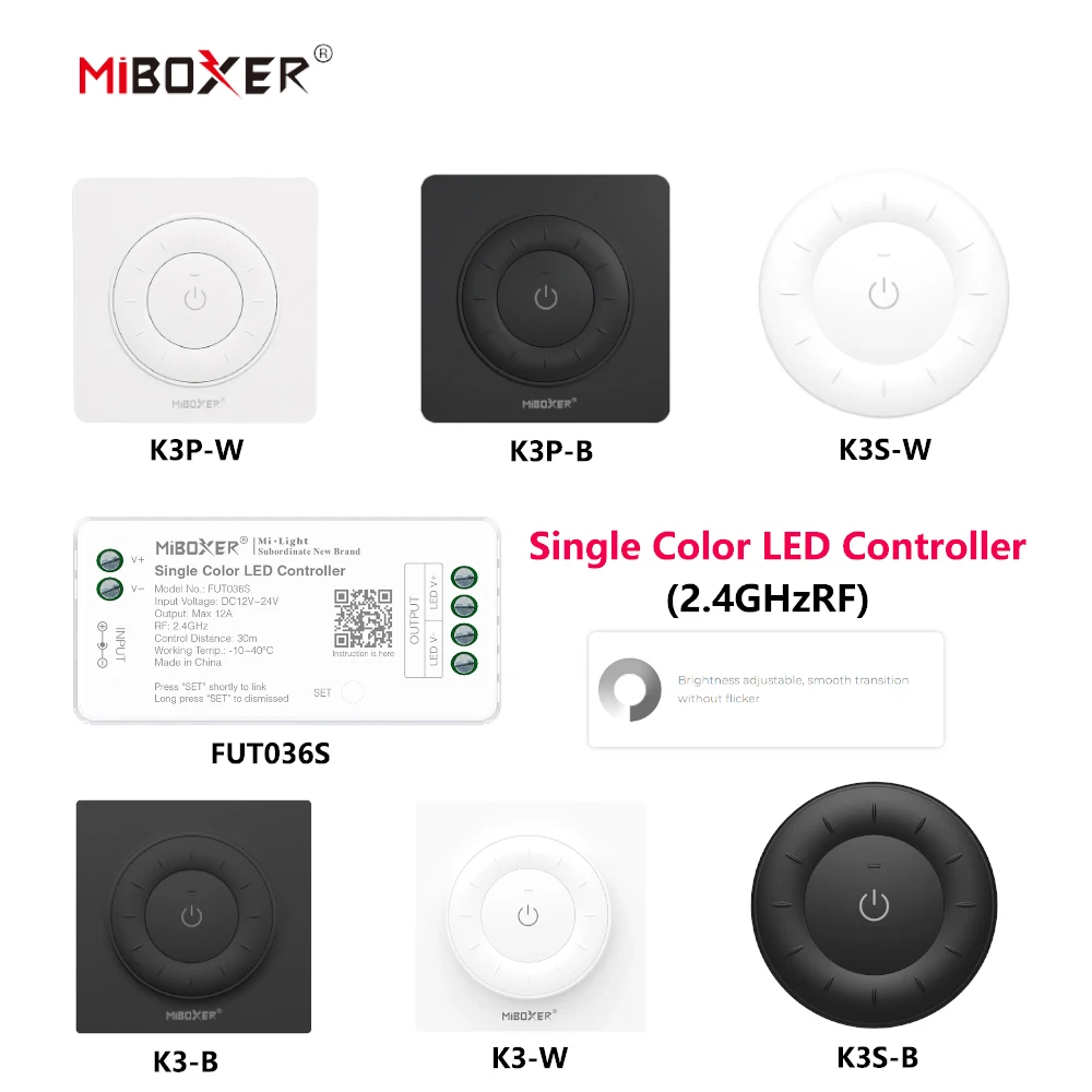 MiBoxer DC12~24V FUT036S+K3P/K3/K3S 2.4GHzRF Wireless Single Color 12A/Channel LED Controller For Single Color COB/Led Strip