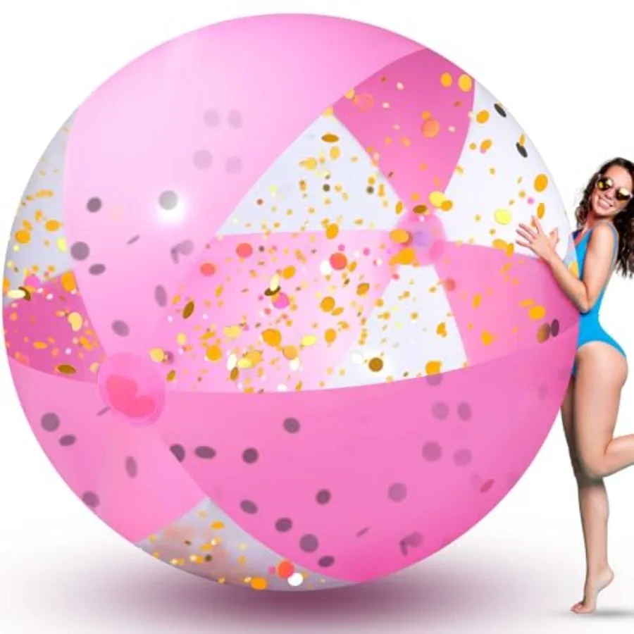 78 Inch Giant Pink Inflatable Beach Ball 6.5 ft Large Glitter Beach Ball UV Resistant Jumbo Swimming Balls Clear Confetti with