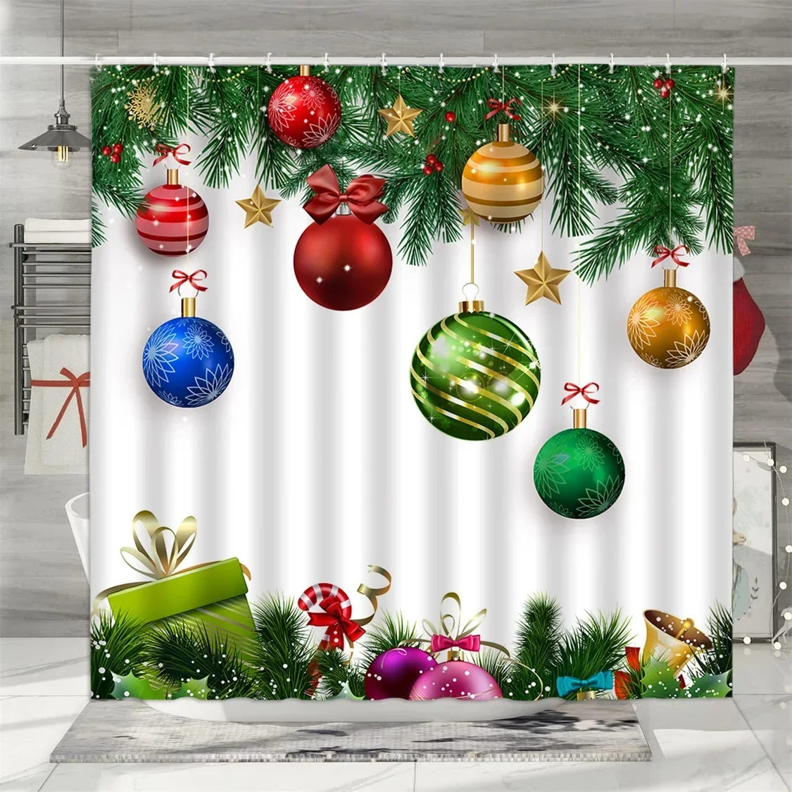 Christmas Shower Curtain, Winter Colourful Christmas Balls Pine Needle Gifts Merry Christmas Wreath Polyester Bathroom Decor