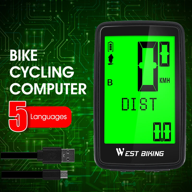 WEST BIKING Wireless Computer USB Charging Bicycle Speedometer 5 Languages Cycling Odometer With Bracket MTB Road Bike Accessory