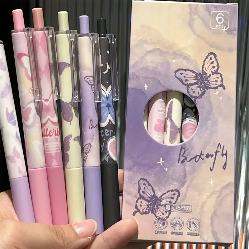 6pcs Cute Butterfly Gel Pens Aesthetic Stationary Pens ，Kawaii pen stationery，0.5 Mm Quick-drying Black Ink Pens Fine Point