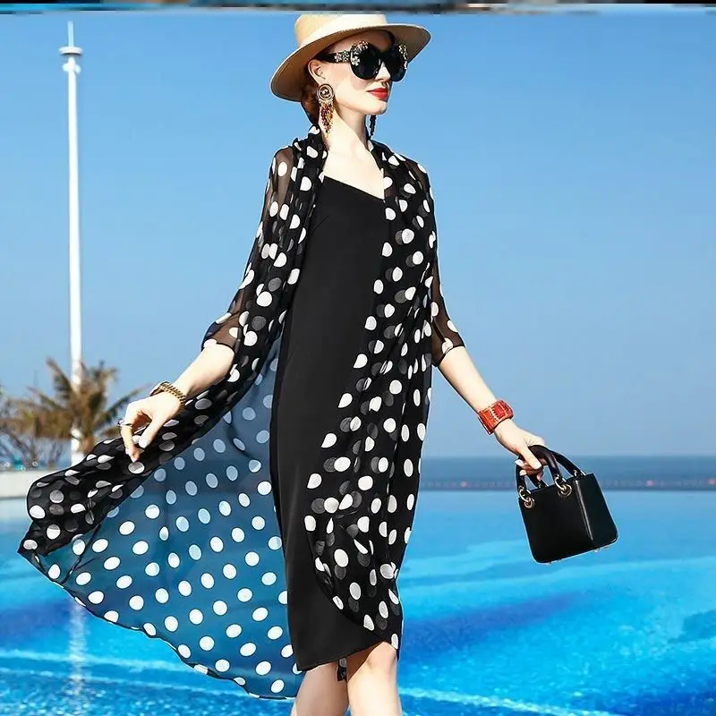 

Summer Sun Protection Clothing Women's Loose Shirt Half Sleeved Women's Polka Dot Chiffon Shirt Medium Length Shawl Jacket E300